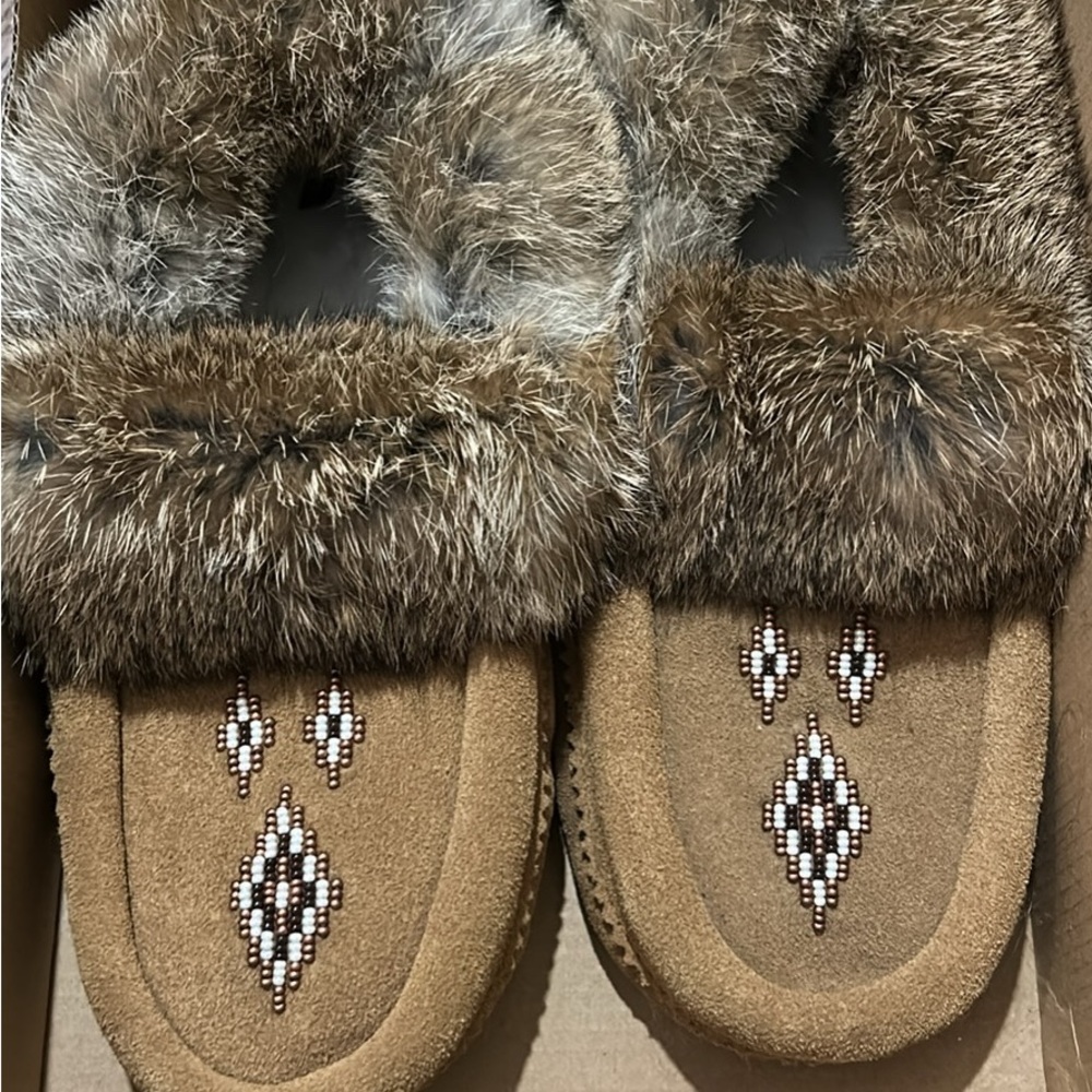 Faux Fur Trimmed Moccasins with Beaded Design